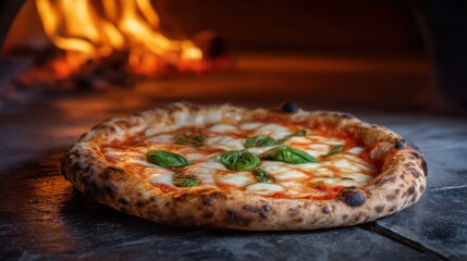 Fresh baked margherita pizza with basil and cheese on stone, ready to serve from a wood fired brick oven. Italian cuisine.