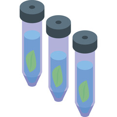 Three Transparent Test Tubes Containing Blue Liquid and Green Leaves with Dark Grey Caps and Transparent Background