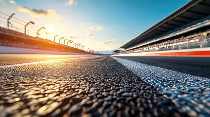 Empty formula 1 asphalt race track at sunset with grandstand and warm sky. Concept of speed, automotive sport, new beginning.