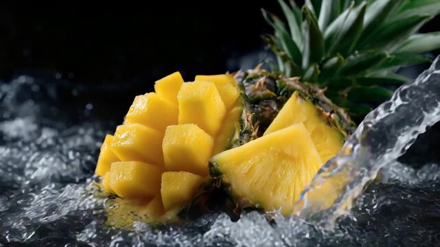 187Juicy mango slice and pineapple chunk crashing into water, crystal-clear splashes frozen, tropical fruit freshness captured in detail