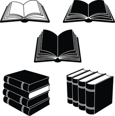 Book illustration set, open and closed books, black and white vector, reading material icons, educational design, library reference, literature chart