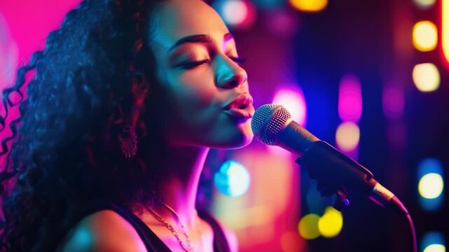 Singer performing on stage with microphone, compact description