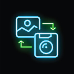 Fototapeta premium Glowing neon icon of an image file transferring data to and from a disk drive