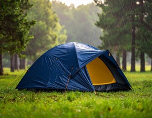土砂降りの雨と森のテント