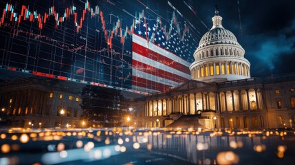 The United States Capitol building overlayed with financial stock market chart and American flag. Economic policy and government finance concept.