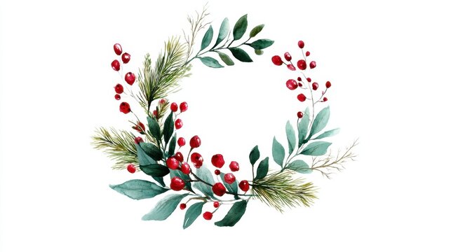 Watercolor Christmas wreath with red berry and green fir branch. Winter holiday decor for greeting card and banner design.