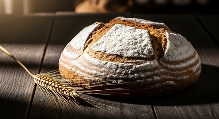 Fresh loaf of bread with butter and knife on a wooden surface