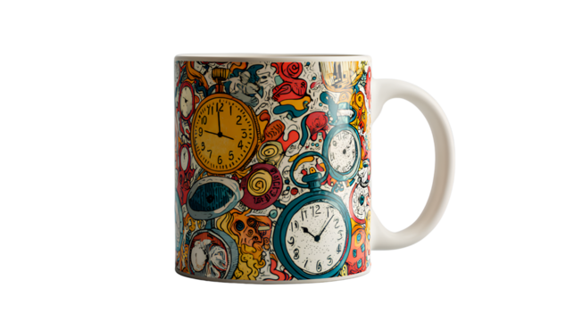 african american santa claus holding a white envelope, with a surprised expression, on a transparent background - a coffee mug with doodle art featuring a clock and musical elements, 