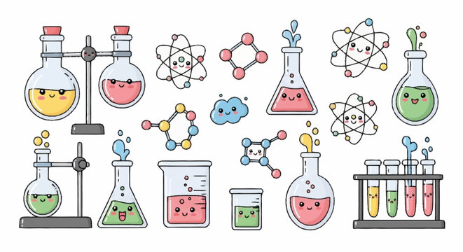 Delightful cartoon chemistry lab equipment set with cute smiling faces. Playful science illustrations featuring beakers, test tubes, flasks, atoms, and molecules for educational fun designs