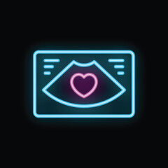 Glowing neon icon of an ultrasound with a beating heart in the center