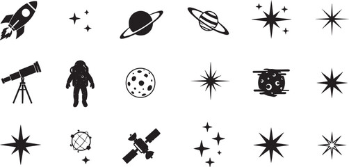 Collection of hand drawn black and white doodle vector icons representing space exploration and celestial bodies
