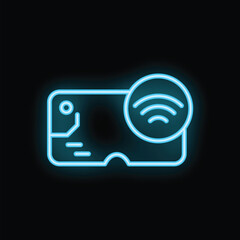 Neon glowing icon of a contactless payment system using nfc technology on a black background