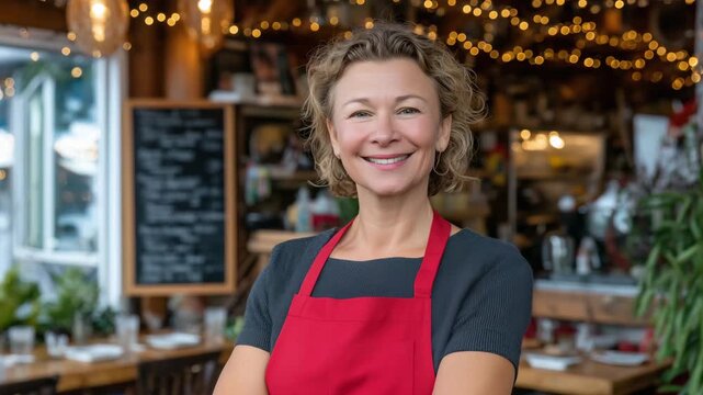201Cheerful woman in bright red apron smiling at camera, cozy restaurant interior with illuminated menu board and warm hanging light fixtures, wooden tables in background