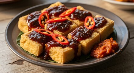 A plate of crispy fried tofu cubes topped with a savory dark sauce and sliced red chilies, served with a side of chili paste.