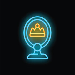 Neon sign representing the concept of self esteem with a crown reflecting in a round mirror