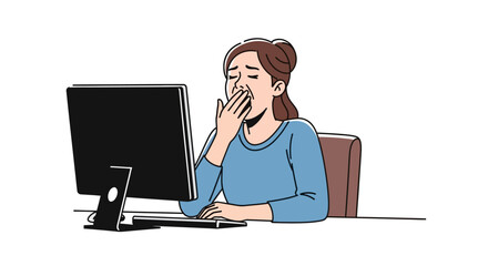 Exhausted female employee feeling sleepy and bored during a long workday, sitting at her computer desk