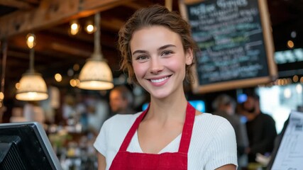221Woman in red apron behind counter, bright smile, restaurant menu board featuring specials behind her, elegant pendant lighting highlighting friendly expression