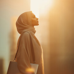 woman in a hijab stands bathed in warm golden sunlight, gazing upward with quiet confidence, evoking themes of hope, strength, and peaceful introspection