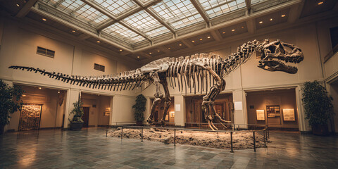 Giant dinosaur skeleton on display in a vast museum hall with visitors observing the impressive prehistoric creature from the ancient world