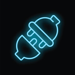 Bright blue neon electric plug connecting to socket on black background, concept of electric power