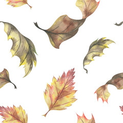 Autumn dry leaves seamless pattern. Hand-drawn watercolor illustration. Perfect for seasonal design, fabric prints, and fall-themed projects