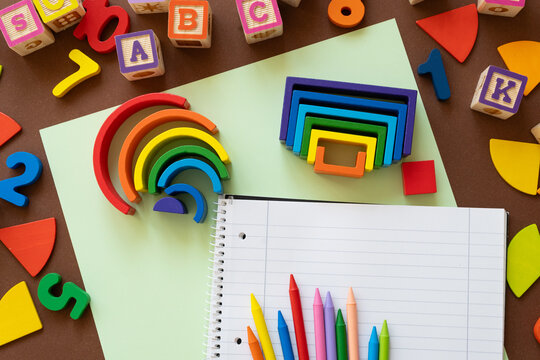 Colorful educational toys and stationery create a vibrant learning space for children, encouraging creativity , skill development