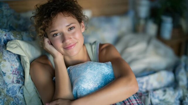 242Woman leaning on pillow on bed, holding blue ice pack to jaw, casual shirt and plaid pants, soft shadows falling across face and patterned bedding, calm and restorative moment
