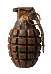 Rusted Metal Grenade with Grid Pattern and Aged Texture Isolated on White or Transparent Background