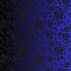Dark roses and leaves pattern on a gradient blue background with a dark left side fading to black