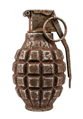 Rusted Metal Grenade with Grid Pattern and Aged Texture Isolated on White or Transparent Background