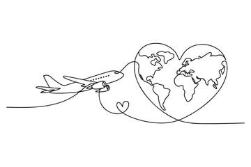 Continuous one line drawing of airplane flying around heart shaped world map illustration

