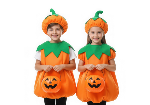 Two children dressed in pumpkin halloween costumes holding trickortreat buckets, isolated on transparent background