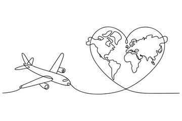 Continuous one line drawing of airplane flying around heart shaped world map illustration
