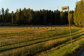 Bus stop sign beside a field in the Finnish countryside