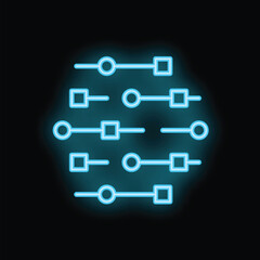 Abstract blue neon style circuit board representing machine learning process with lines, dots and squares on black background