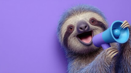 A cheerful sloth holds a blue megaphone against a purple background. The sloth has a happy expression, showcasing its unique features and playful demeanor.