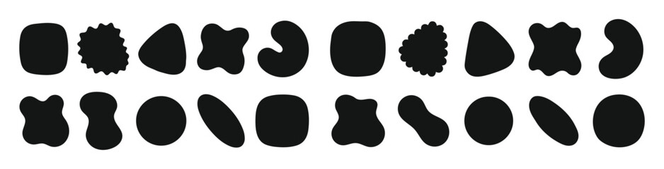 Abstract organic blob shape set. Soft liquid forms, wavy curves, and round oval patterns for modern vector backgrounds.