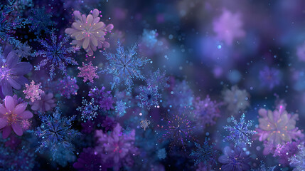 A festive abstract Christmas background featuring glowing blue snowflakes with black, pink, and purple colors, creating a vibrant winter-themed design.