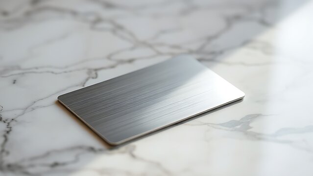 contactless. Sleek metallic card on marble, embodying minimalist financial elegance and simplicity. pitch deck slides.