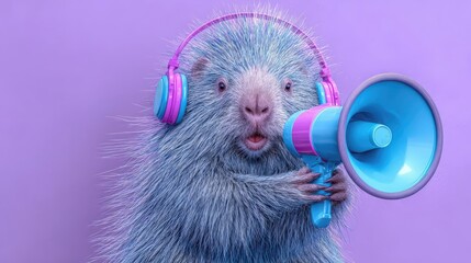 Fototapeta premium A cute, fluffy animal wearing pink headphones holds a blue megaphone against a purple background. The animal appears surprised and engaged in a fun activity.
