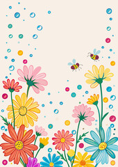 Vibrant Watercolor Garden with Bees and Raindrops Pattern