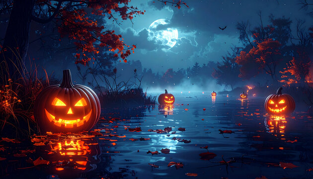 Eerie Halloween night scene with glowing pumpkins floating on a misty lake under a full moon, perfect for spooky season designs and festive backgrounds