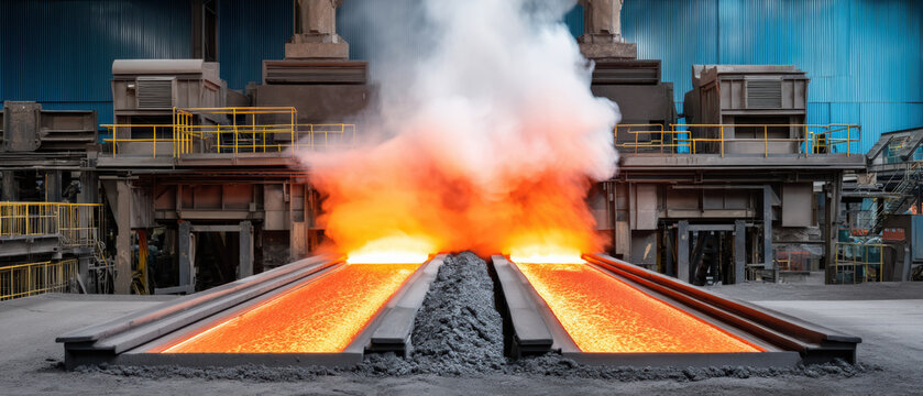 Molten steel pouring into ingot casting lines, industrial foundry glow and steam