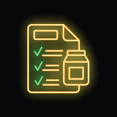 Glowing neon icon of a checklist with all the boxes ticked and a jar, representing the concept of dietary supplements and healthy habits