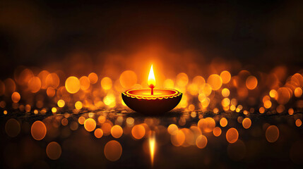 Abstract Diwali lights banner with minimalist composition, soft luminous circles, and a single diya silhouette glowing