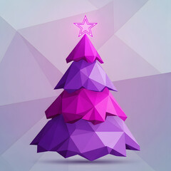 A geometric Christmas tree in purple pastel gradient tones with a glowing star on top, set against a polygonal background.