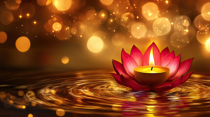 Abstract Thai festival background with stylized lotus motifs and ripples spreading from golden candle