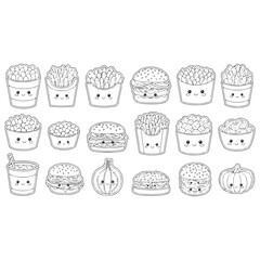 Collection of Cute Kawaii Fast Food Illustrations Outline vector