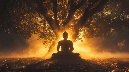 Buddha silhouette under Bodhi tree with glowing golden aura, gentle fog