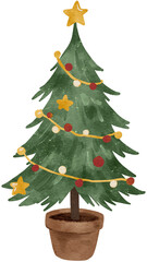 Watercolor decorated Christmas tree illustration